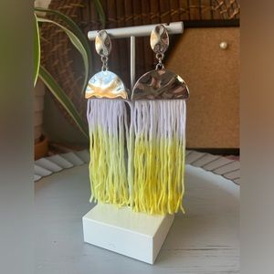 Bohemian Silver Half Moon/Ombre White and Yellow Tassel Earrings